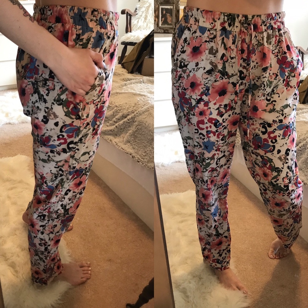 Floral print elastic waist drawstring trouser